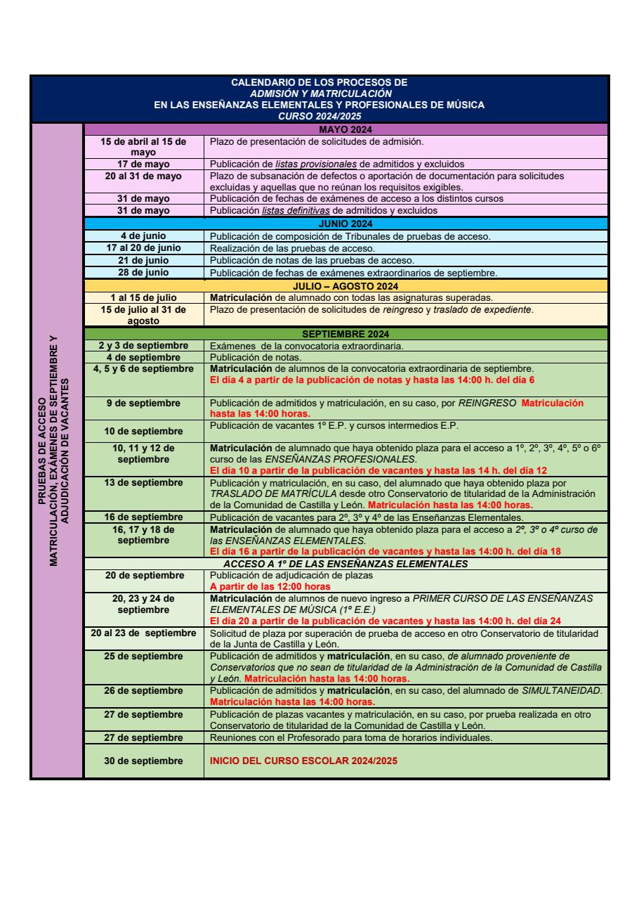 CALENDARIO PROCESO ADMISIÓN Y MATRICULACIÓN CURSO 24-25