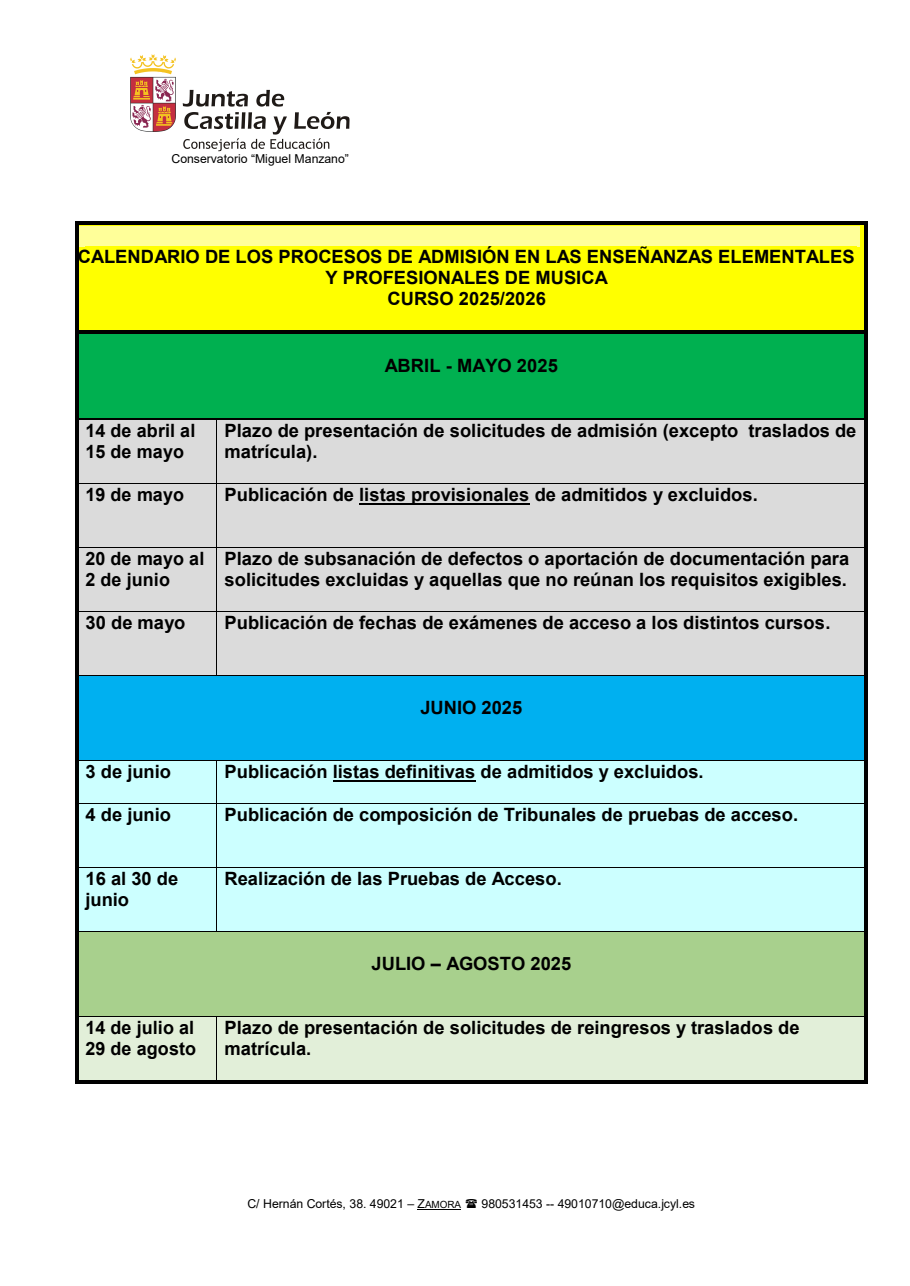 calendario de admisiones para curso 25 26 