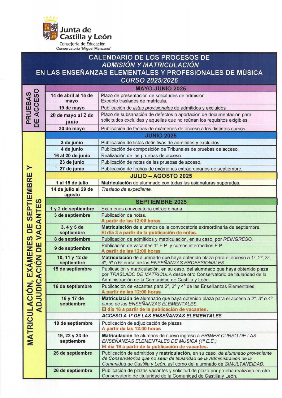 CALENDARIO PROCESO ADMISIÓN Y MATRICULACIÓN CURSO 25-26